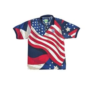 VTG Divots Authentic All-Over‎ Print American Flag USA Print Polo Golf Shirt XL